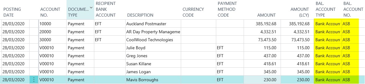 Payment lines balancing entry every line